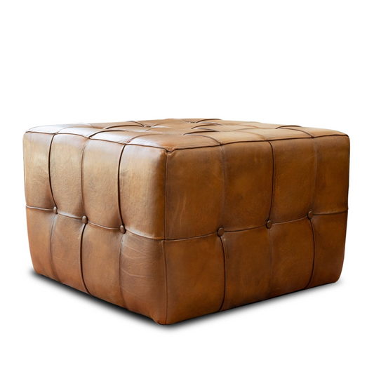 Benjiro Square Tan Leather Ottoman Coffee Table Bench Foot Rest Mid-Century Modern Style