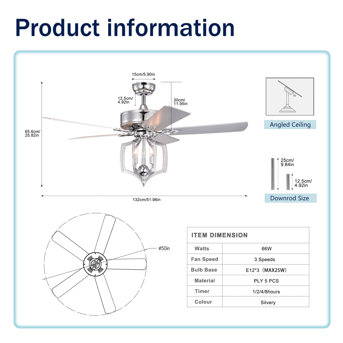 Ceiling Fans with Lights(no include bulb)  and Remote 52 Inch Bedroom Ceiling Fan with Light Crystal Chandelier Fans, Reversible Motor, Timer, Polished Chrome