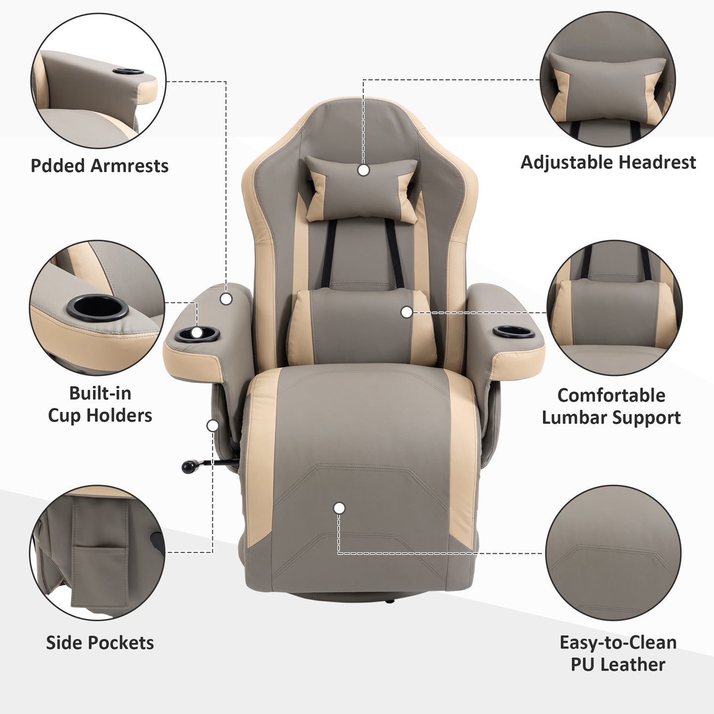 HOMCOM Manual Recliner Armchair PU Leather Lounge Chair w/ Adjustable Leg Rest, 135° Reclining Function, 360° Swivel, Cup Holder and, Storage Pocket