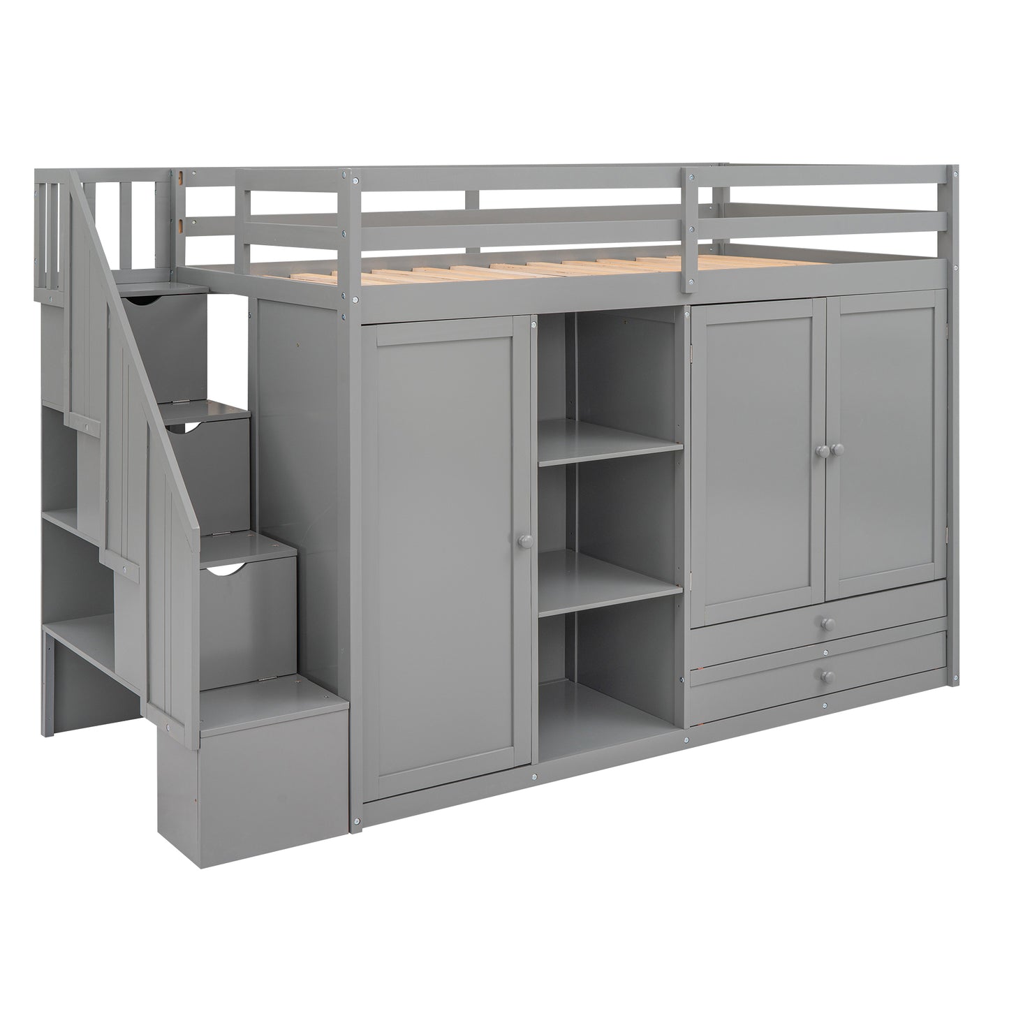Gray Loft Bed with 3 Shelves, 2 Wardrobes, 2 Drawers, Ladder Storage, No Box Spring Needed, Twin Size, Pine Wood and MDF