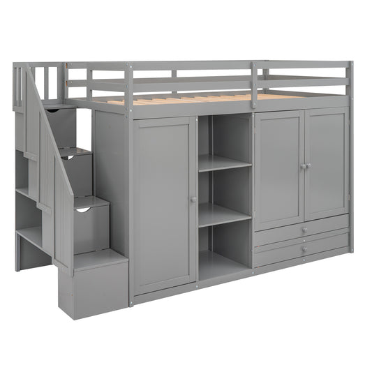 Gray Loft Bed with 3 Shelves, 2 Wardrobes, 2 Drawers, Ladder Storage, No Box Spring Needed, Twin Size, Pine Wood and MDF