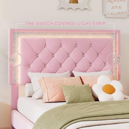 Twin Size Upholstered Bed Frame with LED Lights,Modern Velvet Platform Bed with Tufted Headboard,Pink