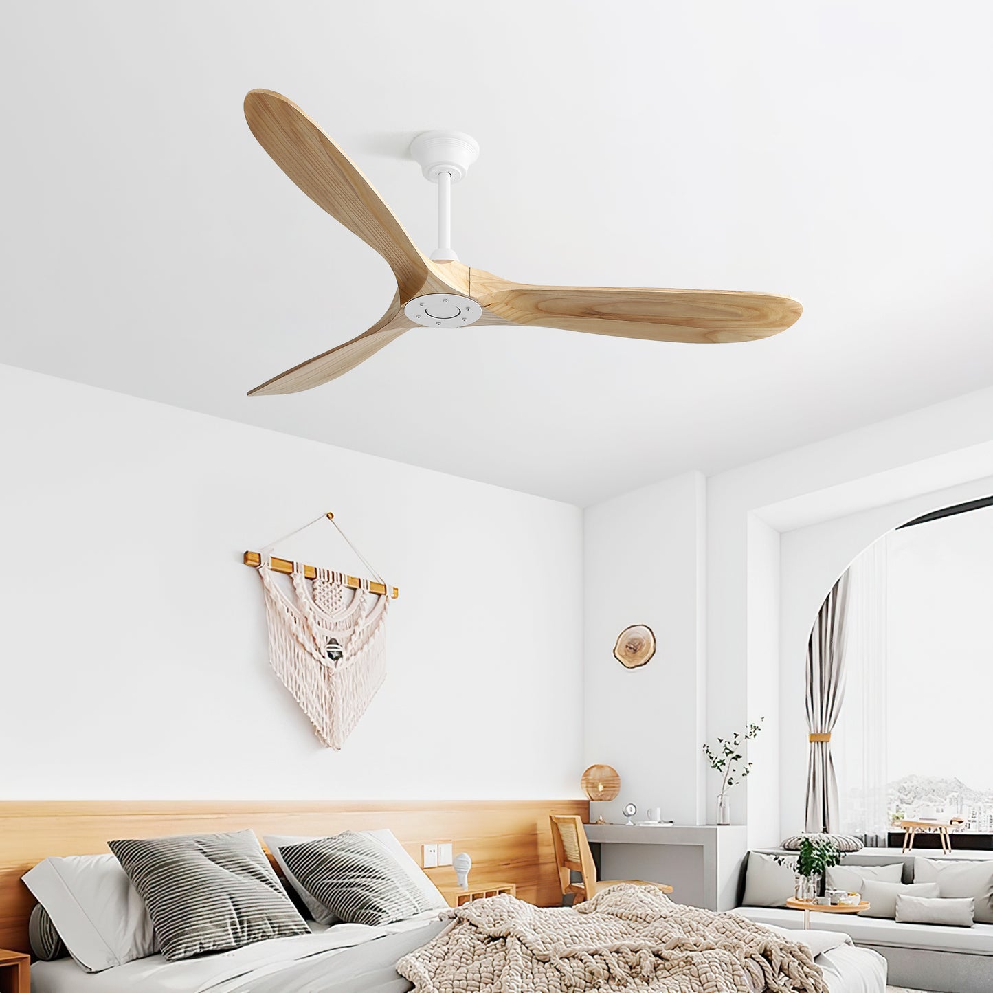 60 Inch Indoor Modern Ceiling Fan With 3 Color Dimmable 6 Speed Remote Control 3 Solid Wood Blade For Living Room