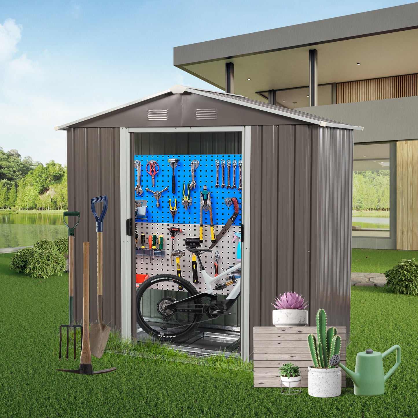 8ft x 4ft Outdoor Metal Storage Shed with Metal foundation,Gray