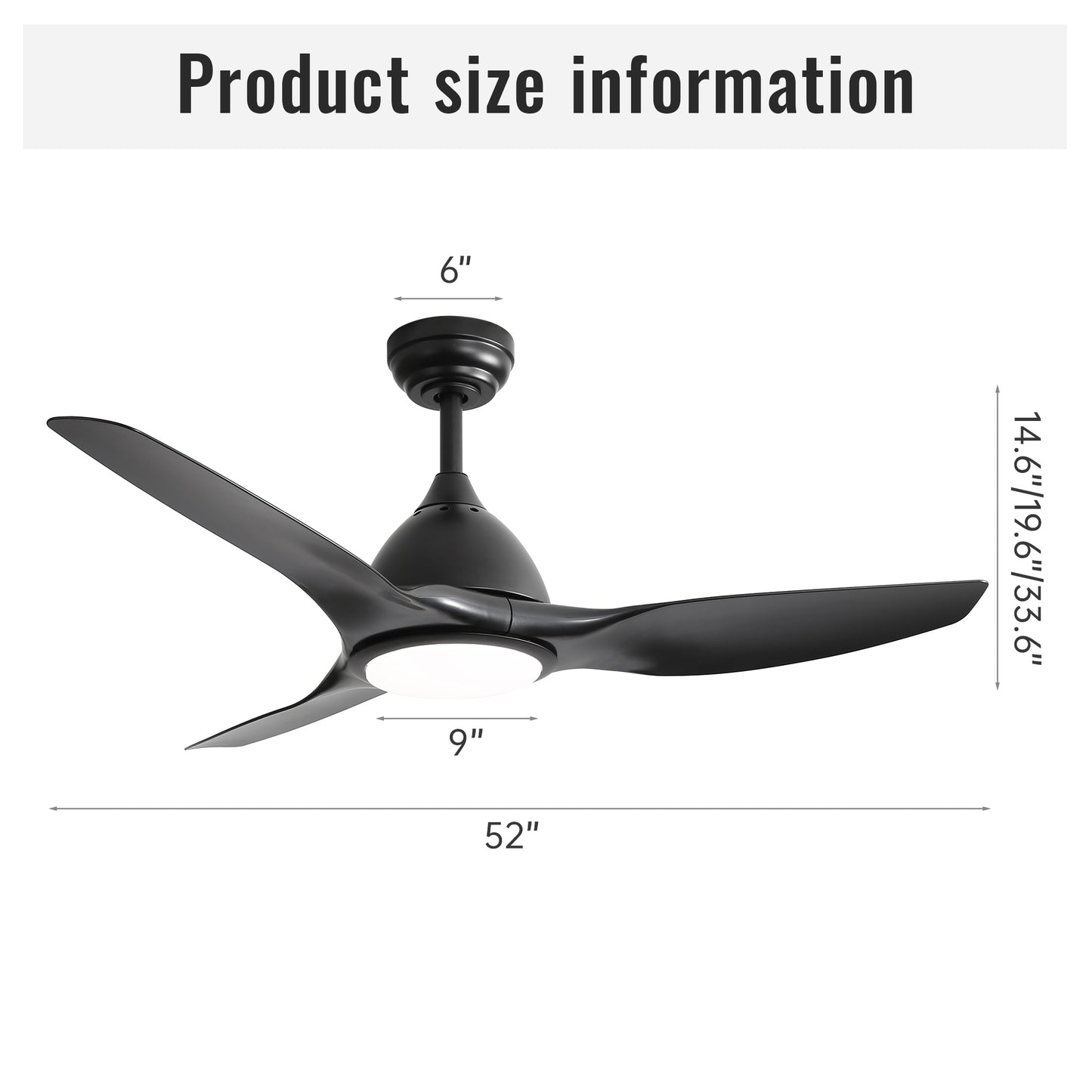 52 Inch Ceiling Fan with Light and 6-speed Remote Control 3 ABS Fan Blades Black for Bredoom Patio