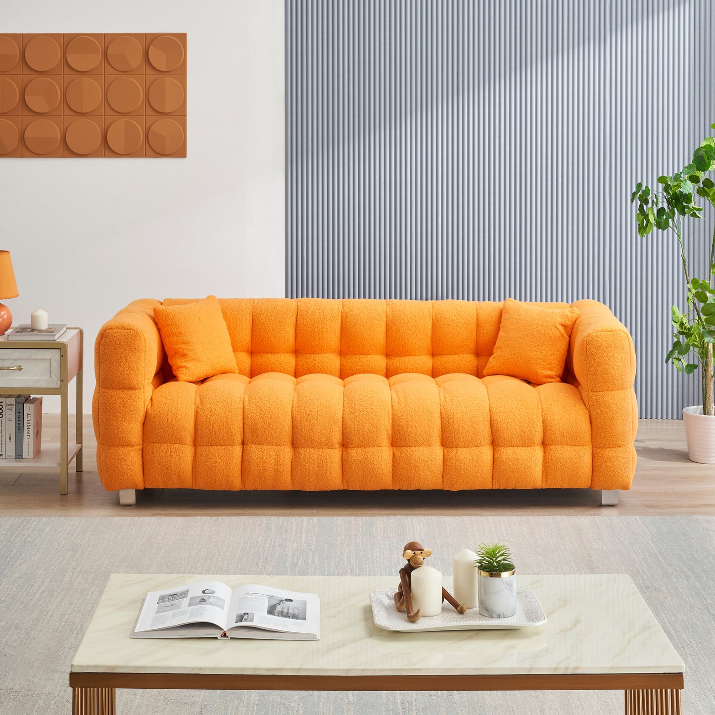 80-Inch Orange Teddy Fleece Sofa for Living Room or Bedroom, Including Two Throw Pillows & Sturdy Hardware Foot Support