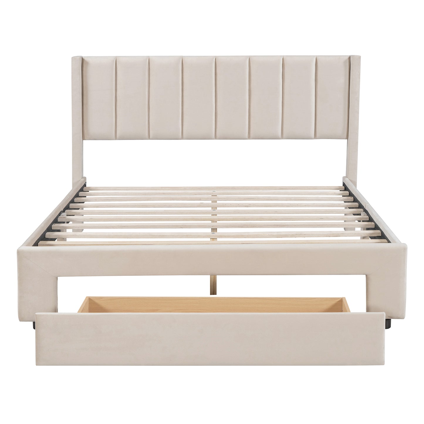 Queen Size Storage Bed Velvet Upholstered Platform Bed with a Big Drawer - Beige(old sku:WF296854AAA)