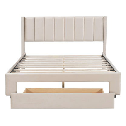 Queen Size Storage Bed Velvet Upholstered Platform Bed with a Big Drawer - Beige(old sku:WF296854AAA)