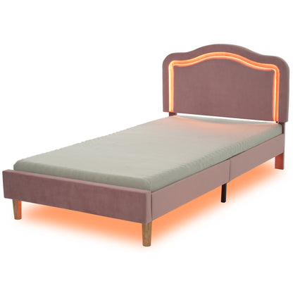 Twin Size Velvet Upholstered Smart LED Bed Frame with Adjustable Height Headboard,No Box Spring Needed,Easy Assembly,Pink