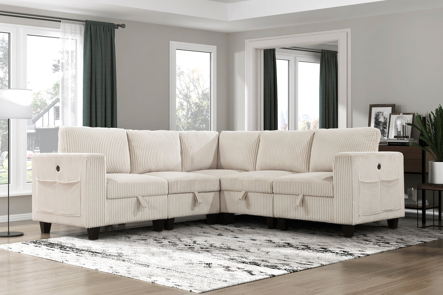 5-Piece Modular Sectional with Storage Seats, Side Pockets, Charging Ports Beige Corduroy Fabric Modern Living Room Sectional Couch Solid Wood Furniture