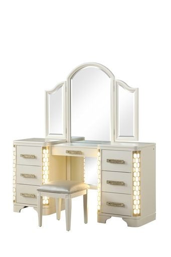 King 5 Pc Unique LED Vanity Bedroom Set made With Wood in Beige