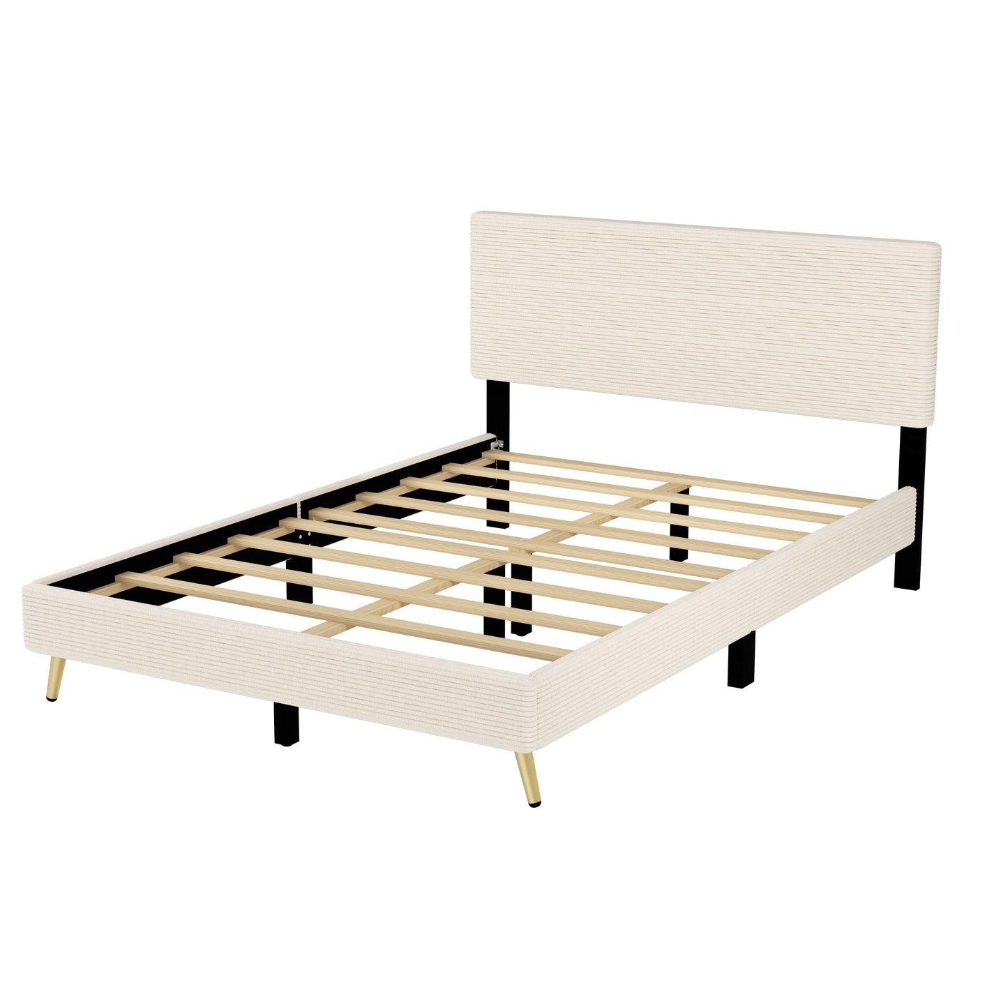 Queen Size Corduroy Upholstered Bed Frame, Platform Bed with Horizontal Stripe Headboard, No Box Spring Needed, Beige