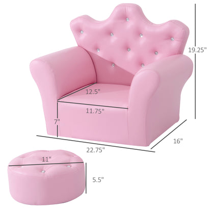 Kids Sofa Set, Children's Upholstered Sofa with Footstool, Princess Sofa with Diamond Decorations, Baby Sofa Chair for Toddlers, Girls, Pink