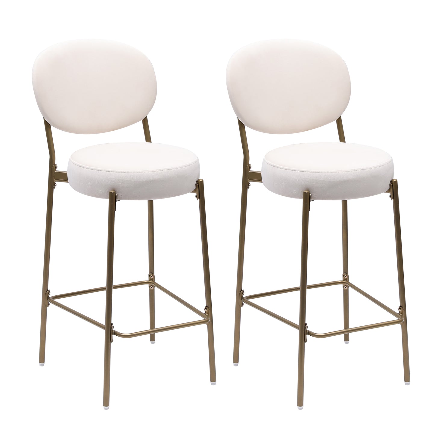 29'' Upholstered Bar Stools Velvet Counter Stool with Backrest & Footrest Set of 2 Round Dining Chairs for Kitchen(Creamy White)