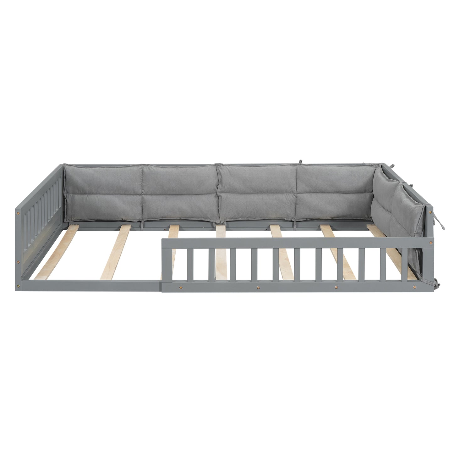 Wood Full Size Upholstered Platform Bed with Guardrail and Pillow, Gray