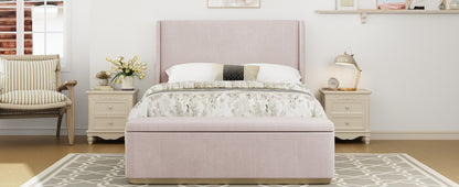 King Size Corduroy Upholstered Bed Frame with 130L Storage Ottoman, and Vertical Stripe Wingback Headboard and High Footboard, Pink