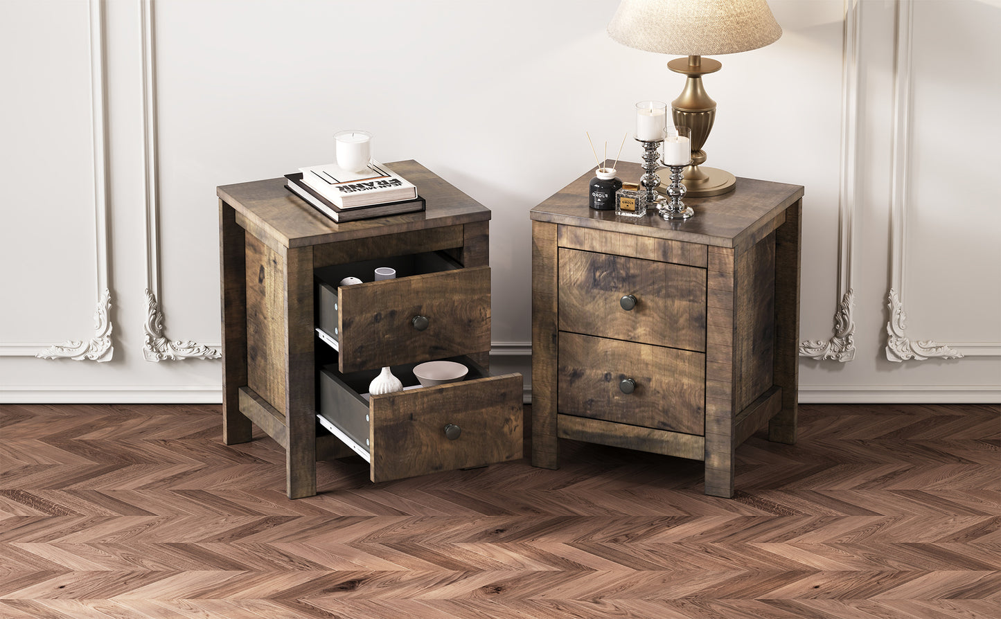 Farmhouse Wooden Nightstand Set of 2 with Retro Design, Wood Side Table with Storage Cabinet for Bedroom, Antique Walnut