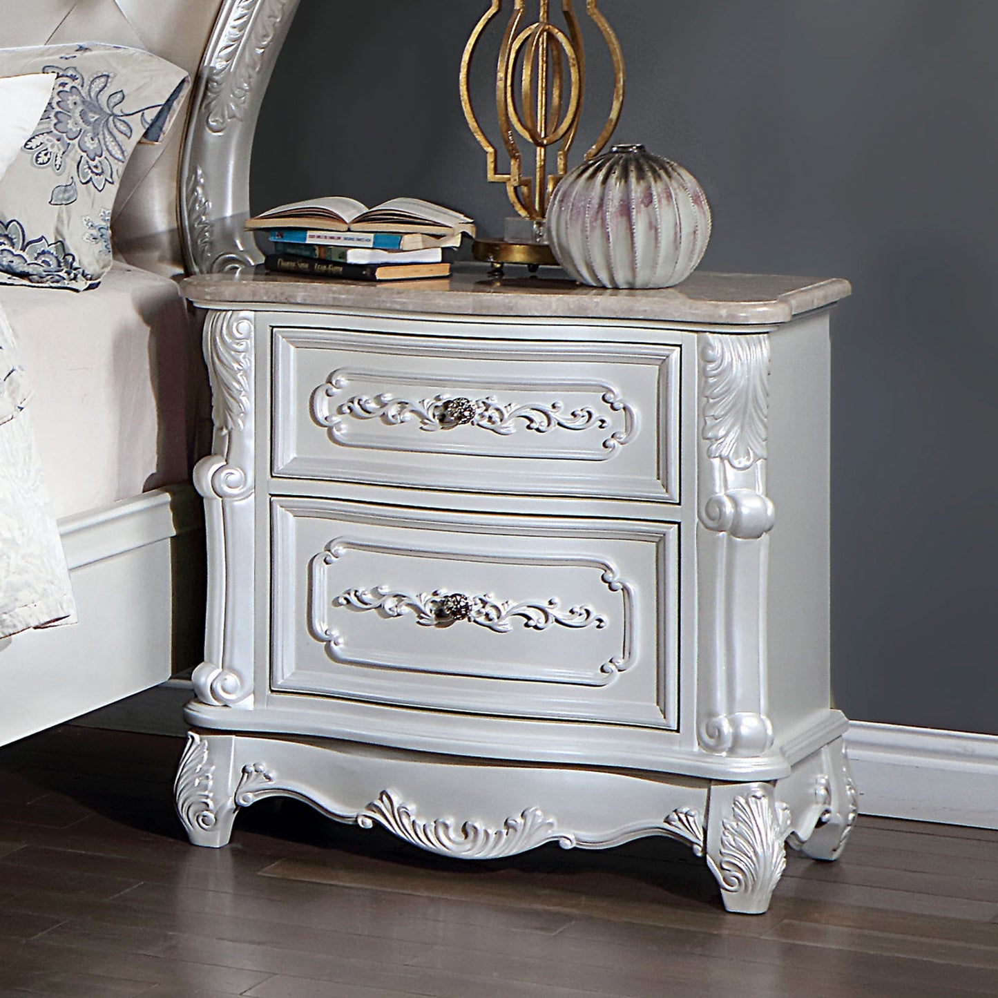 Pearl White Traditional 1pc Nightstand Only Solid wood 2-Drawers Round Knobs Bedside Table Genuine Marble Top on Night Stand Bedroom Furniture