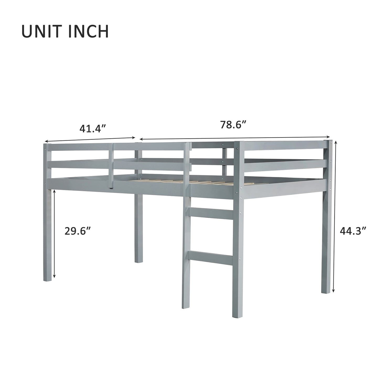Solid Wooden, Rubber Wooden Twin Loft Bed with Ladder, Bed Platform of Strengthened Slats , Grey
