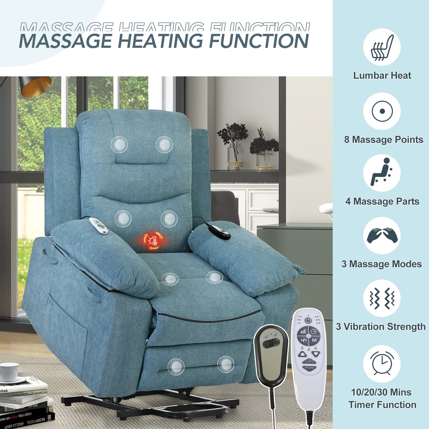 Massage Recliner,Power Lift Chair for Elderly with Adjustable Massage and Heating Function,Recliner Chair with Infinite Position and Side Pocket for Living Room ,Blue