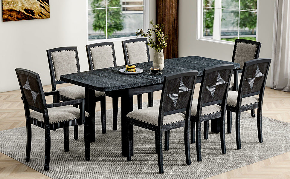 TOPMAX Rustic Extendable 84inch Dining Table Set with 24inch Removable Leaf , 6 Upholstered Armless Dining Chairs and 2 Padded Arm Chairs, 9 Pieces, Black