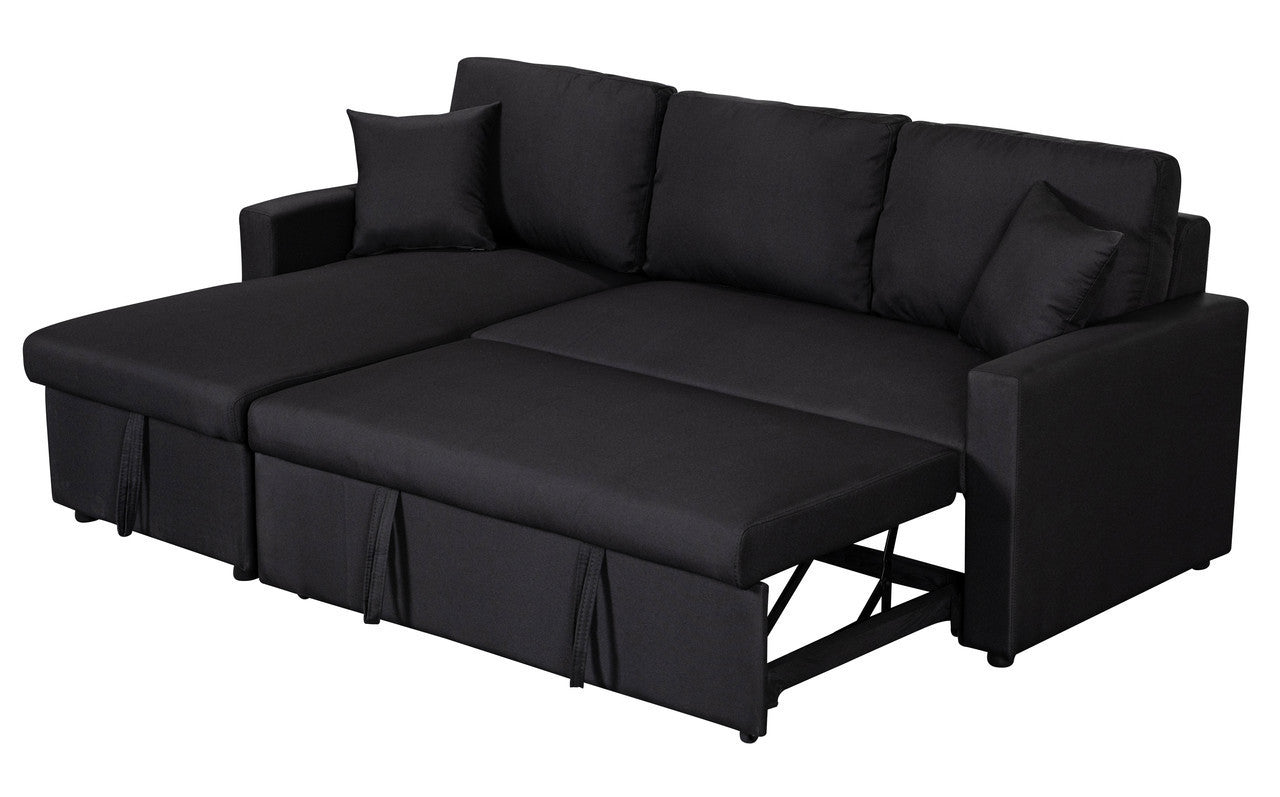 Paisley 82" Black Linen Fabric Reversible Sleeper Sectional Sofa with Storage Chaise