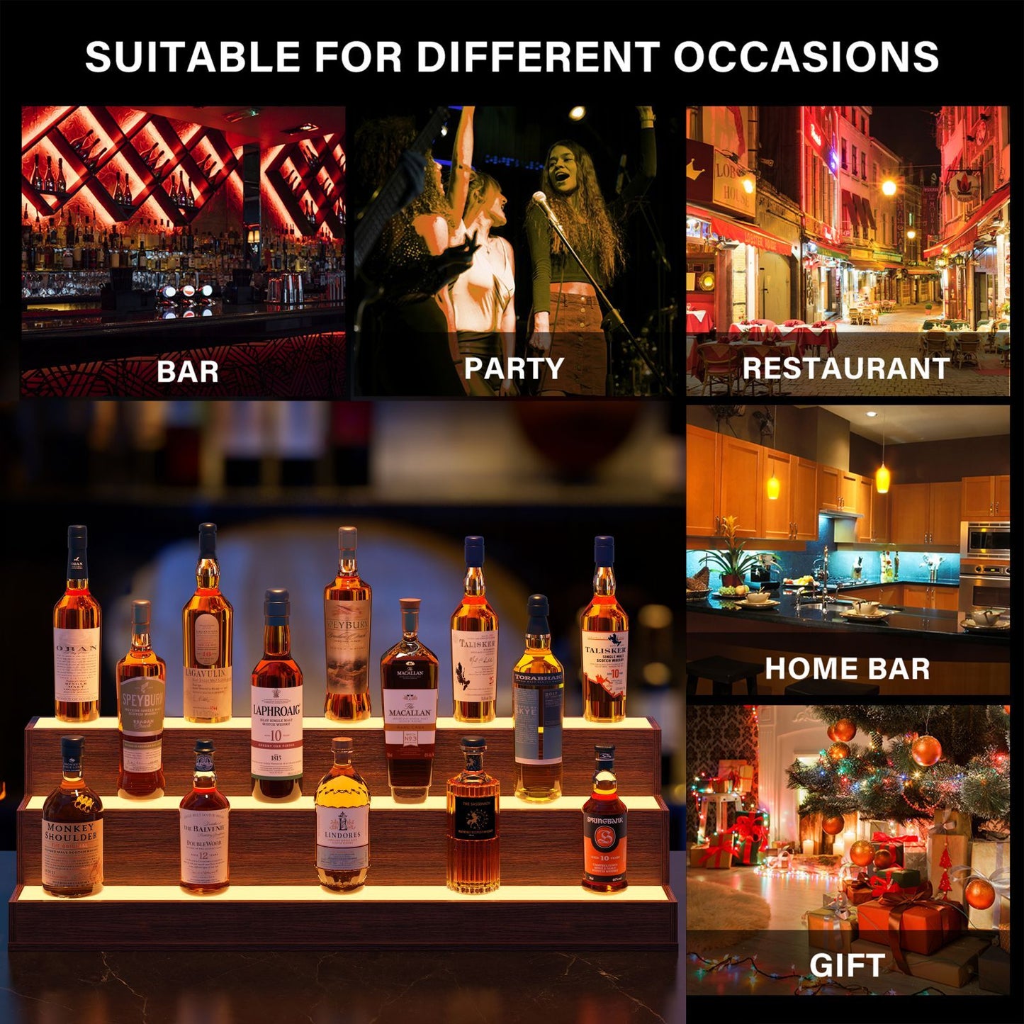 LED Lighted Liquor Bottle Display Shelf, 37 Inch Bar Display Shelf, DIY Illuminated Bottle Shelf with App & Remote Control, 3 Step Freestanding Holding Bottles for Home Bar, Party, Walnut