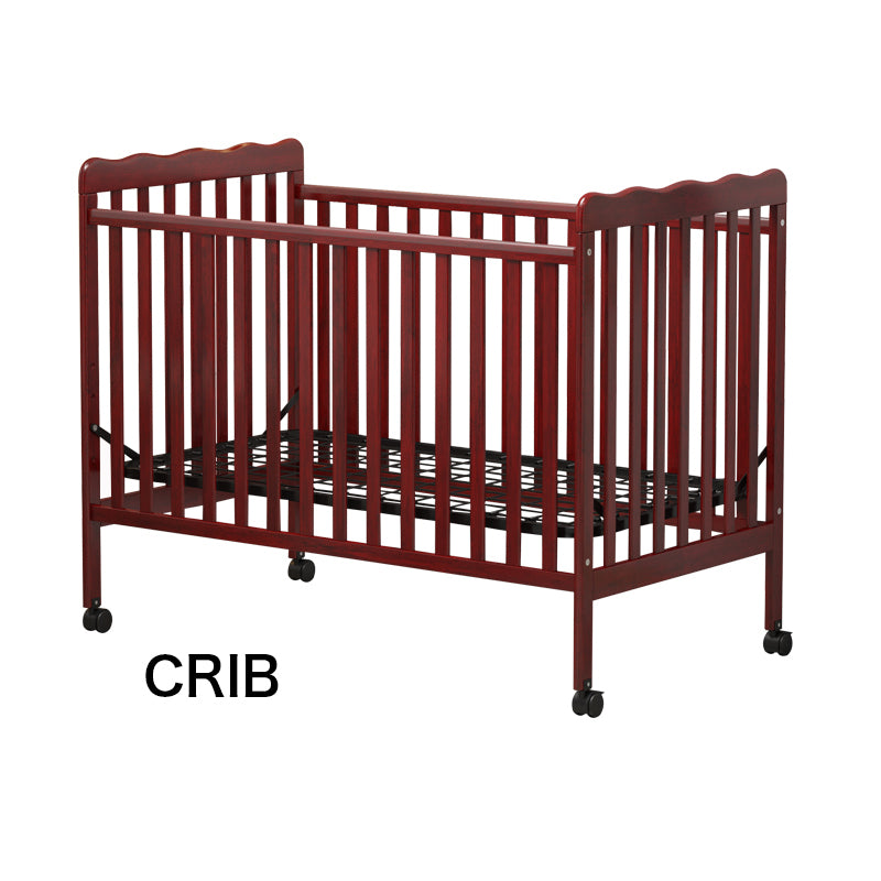 3-In-1 Convertible Crib In Cherry, Made Of Sustainable Pinewood, Non-Toxic Finish, Comes With Locking Wheels, Wooden Nursery Furniture