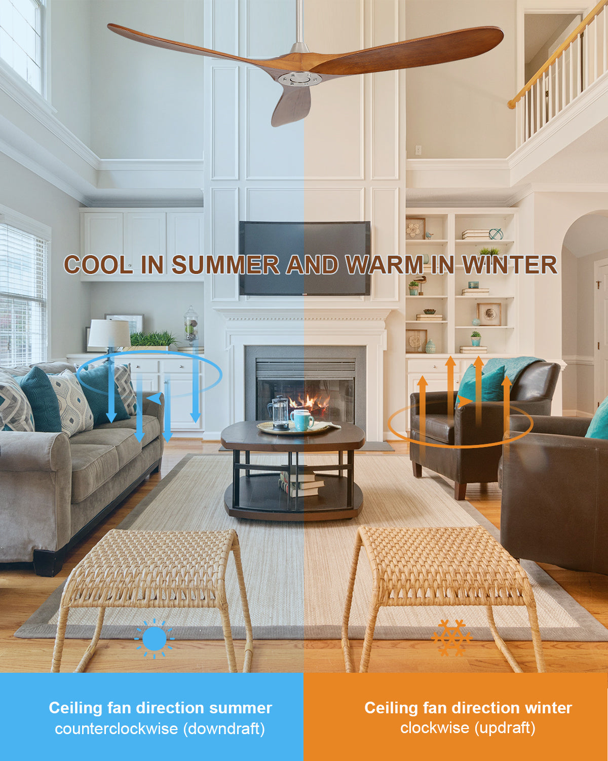 60 Inch Indoor Modern Ceiling Fan With 6 Speed Remote Control 3 Solid Wood Blade For Living Room