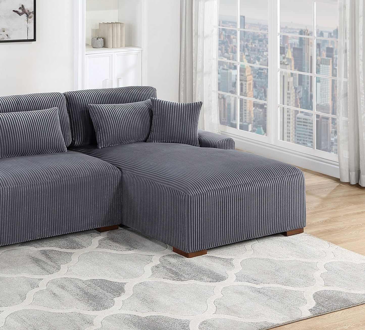 Modern 2pc Sectional Set XL Plush Corduroy Fabric Dark Gray LAF Sofa RAF Chaise Living Room Couch