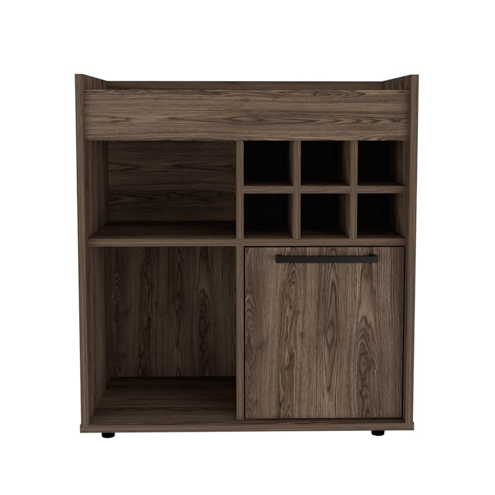 Bar- coffee cart 29" H, cabinet storage, with 6 bottle racks, a central shelf covered by 1 wood door, ideal for storing glasses and snacks, Dark Walnut