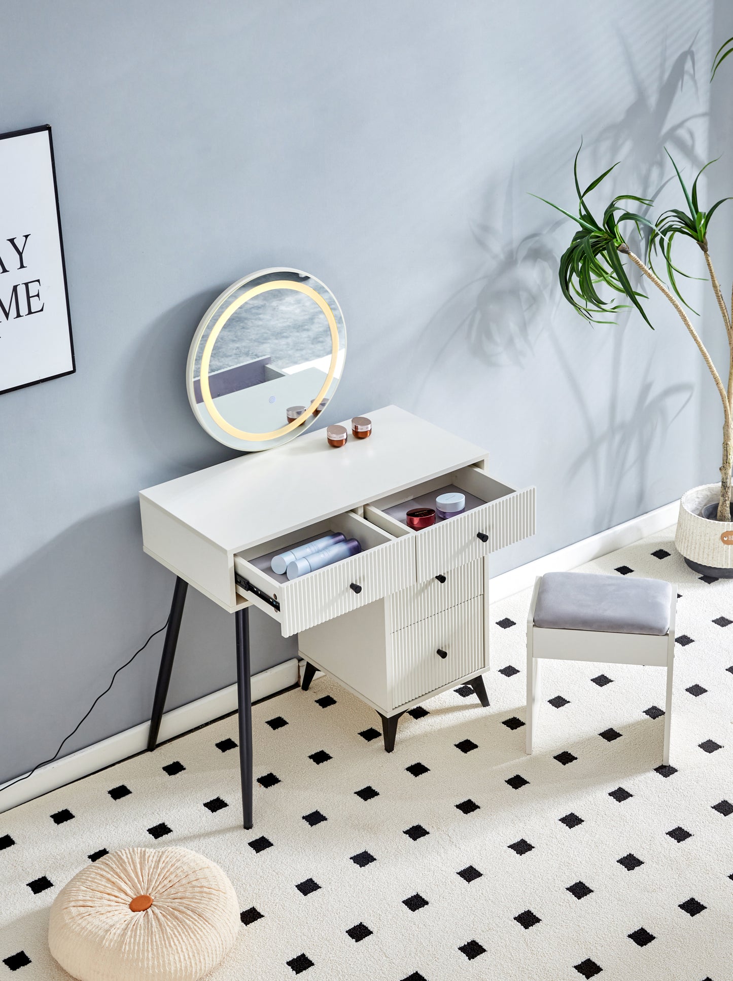 Fluted Makeup Vanity Desk with Round LED  Mirror and Lights, Modern Glass Top Big Vanity Table with 4 Drawers & Adjustable Shelves, Dressing Table Set  with stools table with movable side table