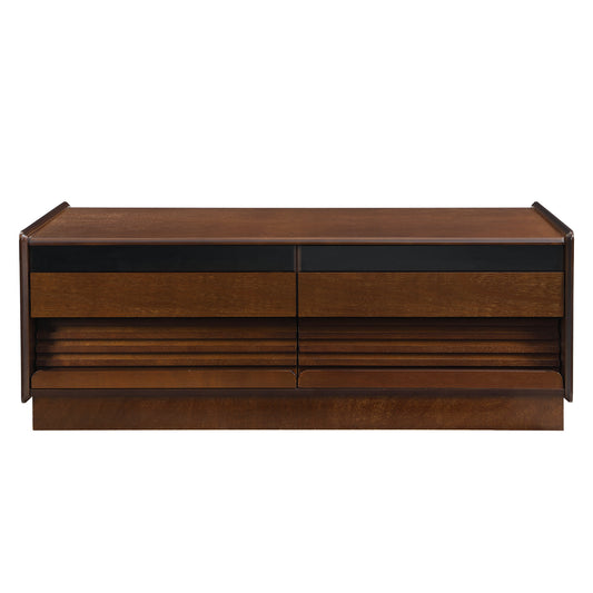 U-Can Modern Rectangle Coffee Table with 4 Drawers and 2 Display Shelves, 47.2' Wood Coffee Table with Fluted Style, Tempered Glass for Living Room