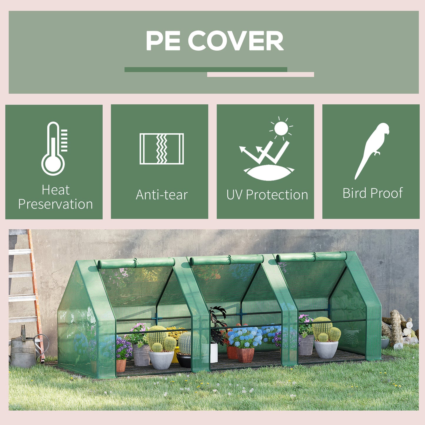 Outsunny 9' x 3' x 3' Portable Mini Greenhouse Outdoor Garden with Large Zipper Doors and Water/UV PE Cover, Green