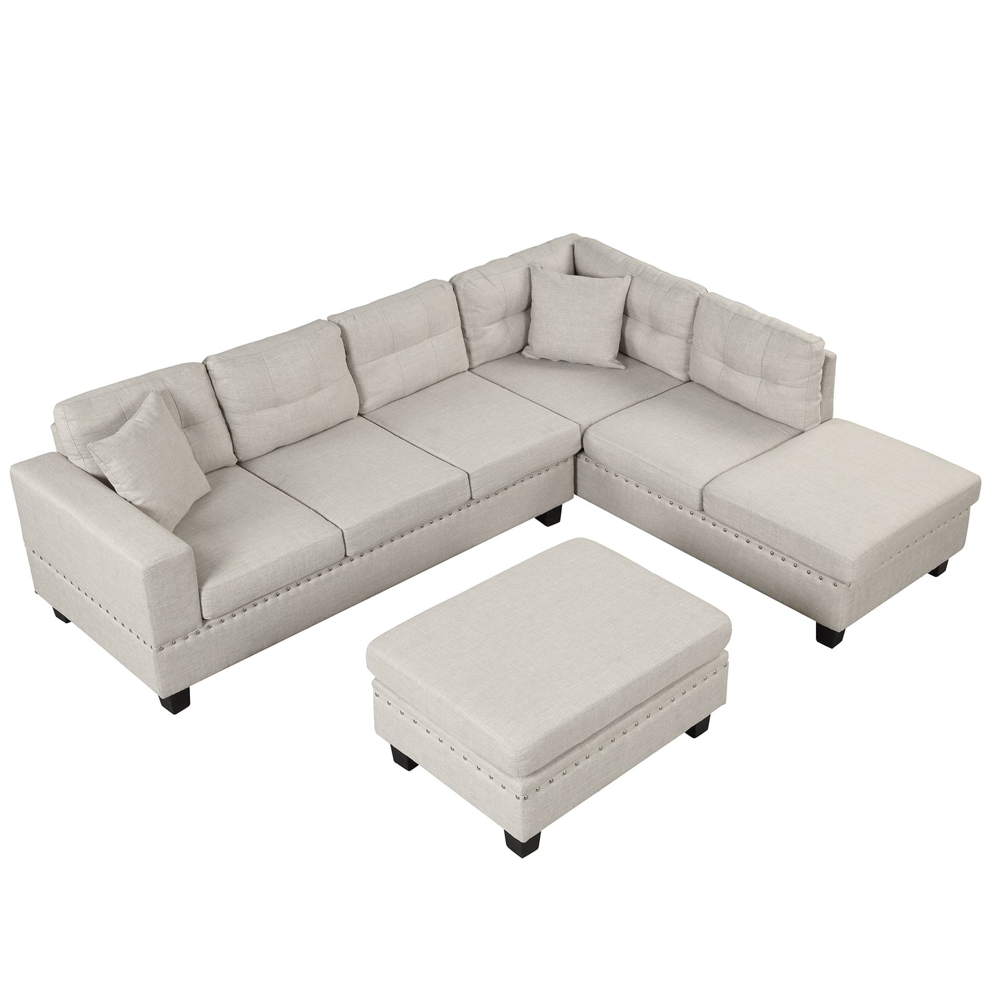 105" Modern Sectional Sofa with Storage Ottoman, L-Shape Couch with 2 Pillows and Cup Holder,Sectional Sofa with Reversible Chaise for Living Room,Light Gray