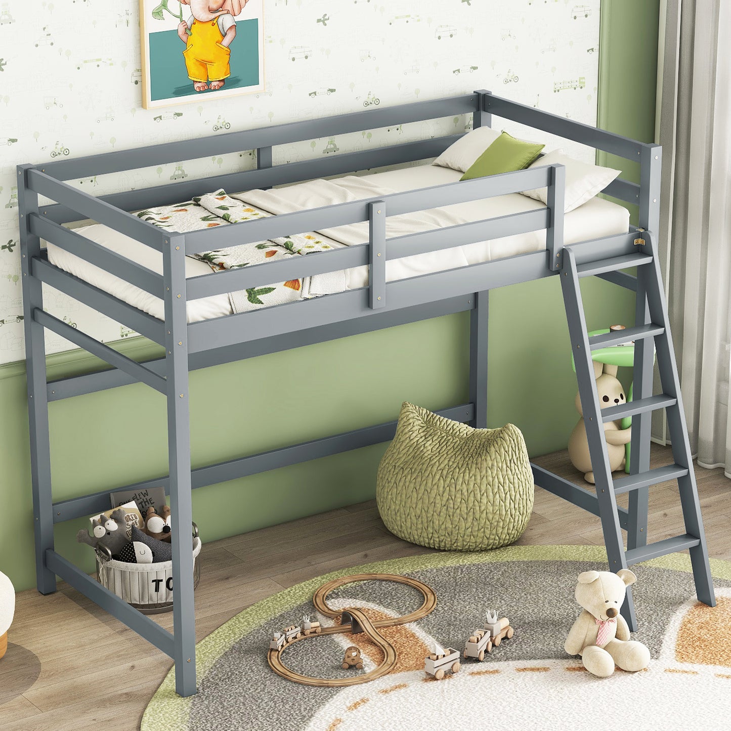 Twin Size High Loft Bed with inclined Ladder, Guardrails,Grey