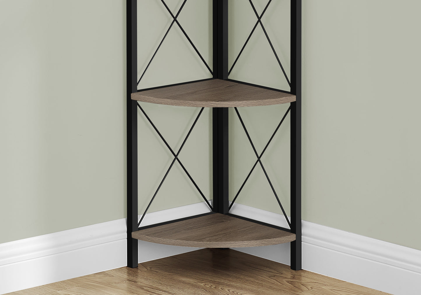 Bookshelf, Bookcase, Etagere, Corner, 4 Tier, 60"h, Office, Bedroom, Brown Laminate, Black Metal, Contemporary, Modern