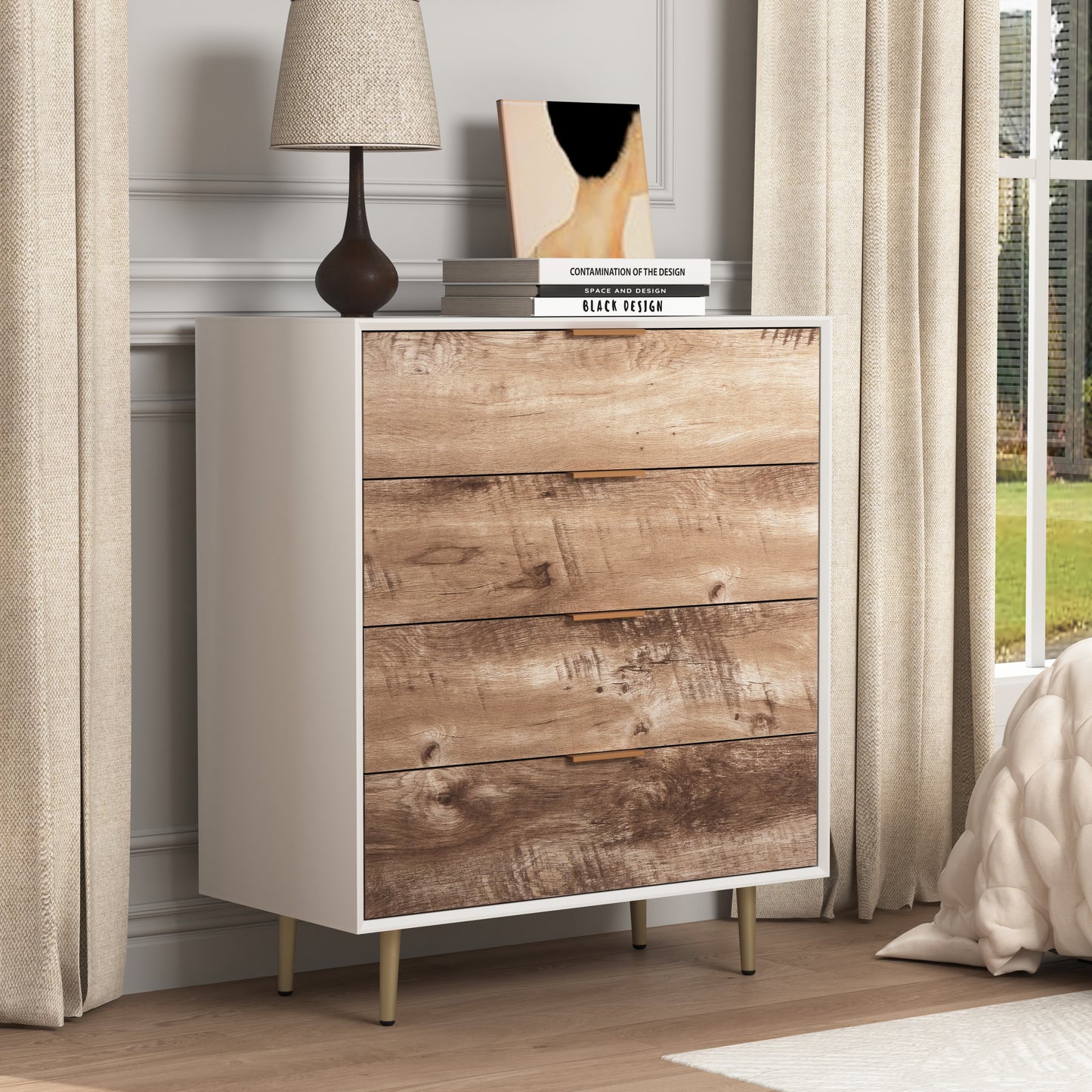 Wooden Tall 4 Drawer Dresser,Chest of Drawers with 4 Metal Legs, Anti-Tipping Device for Bedroom,Living Room