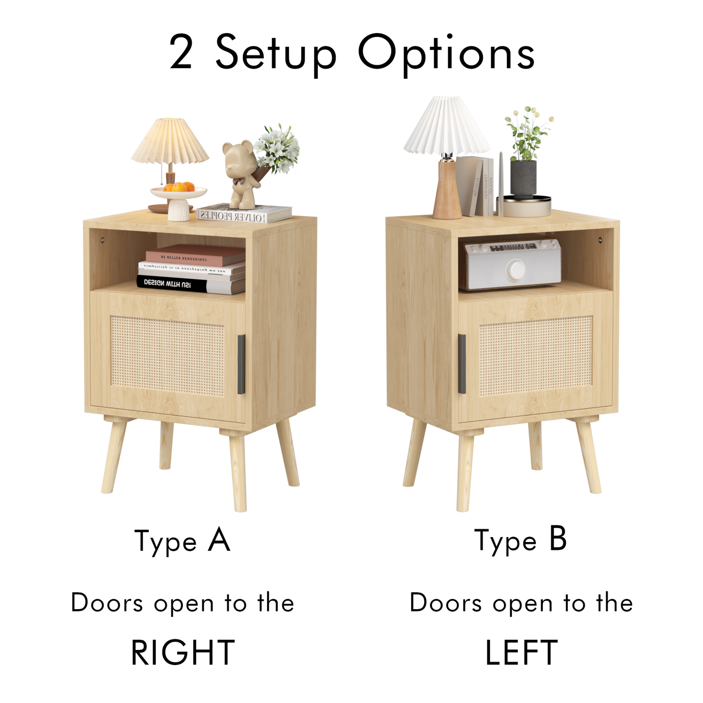 22.83'' H Rattan Nightstand, Side Table with Door Open Shelf,  Accent Bedside End Table with Solid Wood Legs for Bedroom, Dorm and Small Spaces, Oak