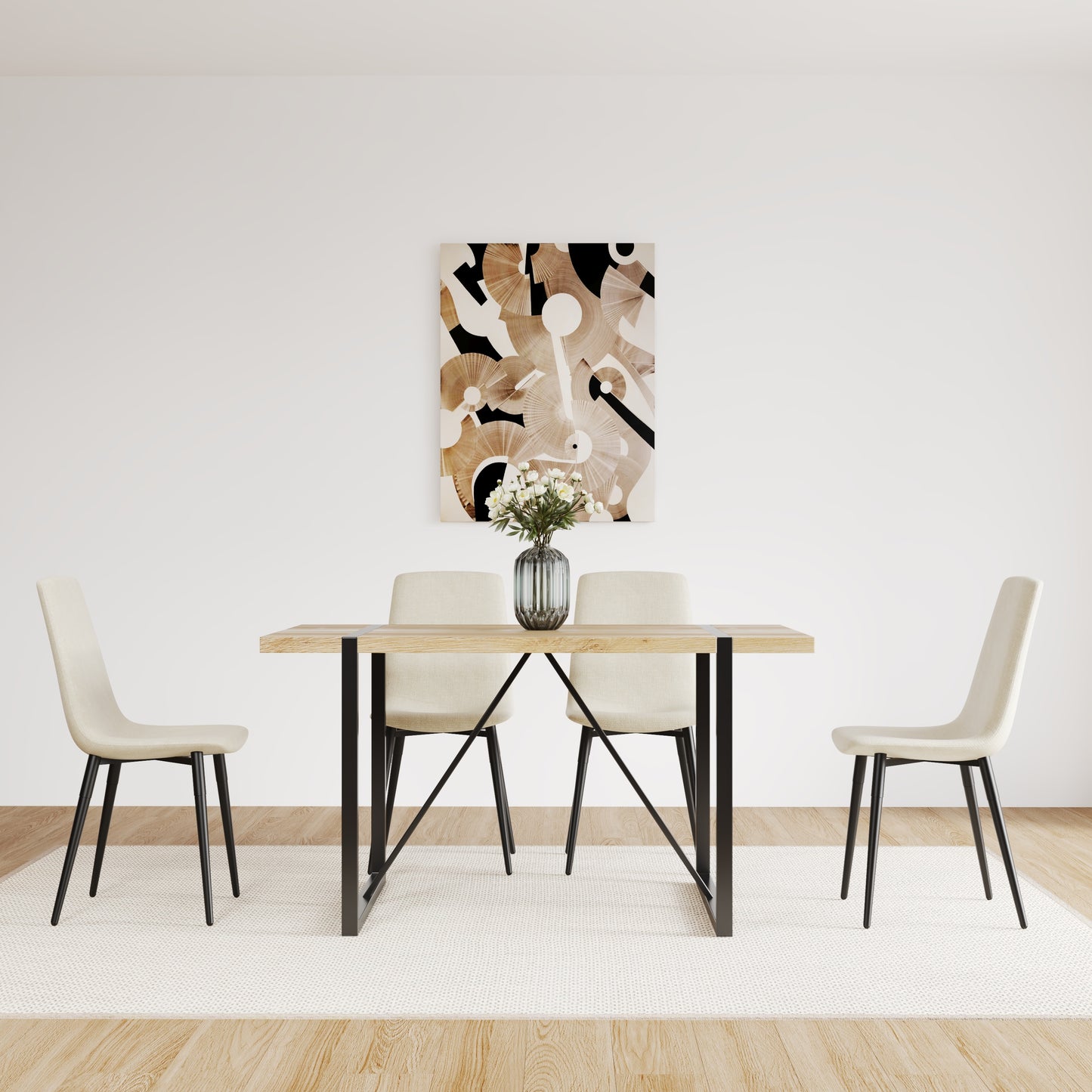 55" MDF Wood Colour Dining Table and Modern Dining Chair Set of 4, Mid Century Wooden Kitchen Table Set, Metal Base & Legs, Dining Room Table and Linen Chairs