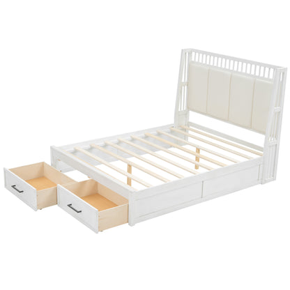 Queen Size Wood Platform Bed with Upholstered Headboard and 2 Drawers, Antique White