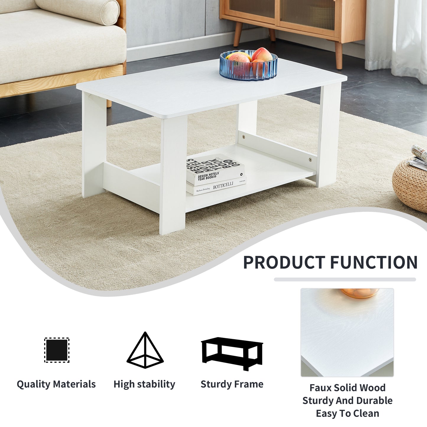 A modern and practical white coffee table. The double layered coffee table is made of MDF material,. Suitable for living room, bedroom, and study. CT-16