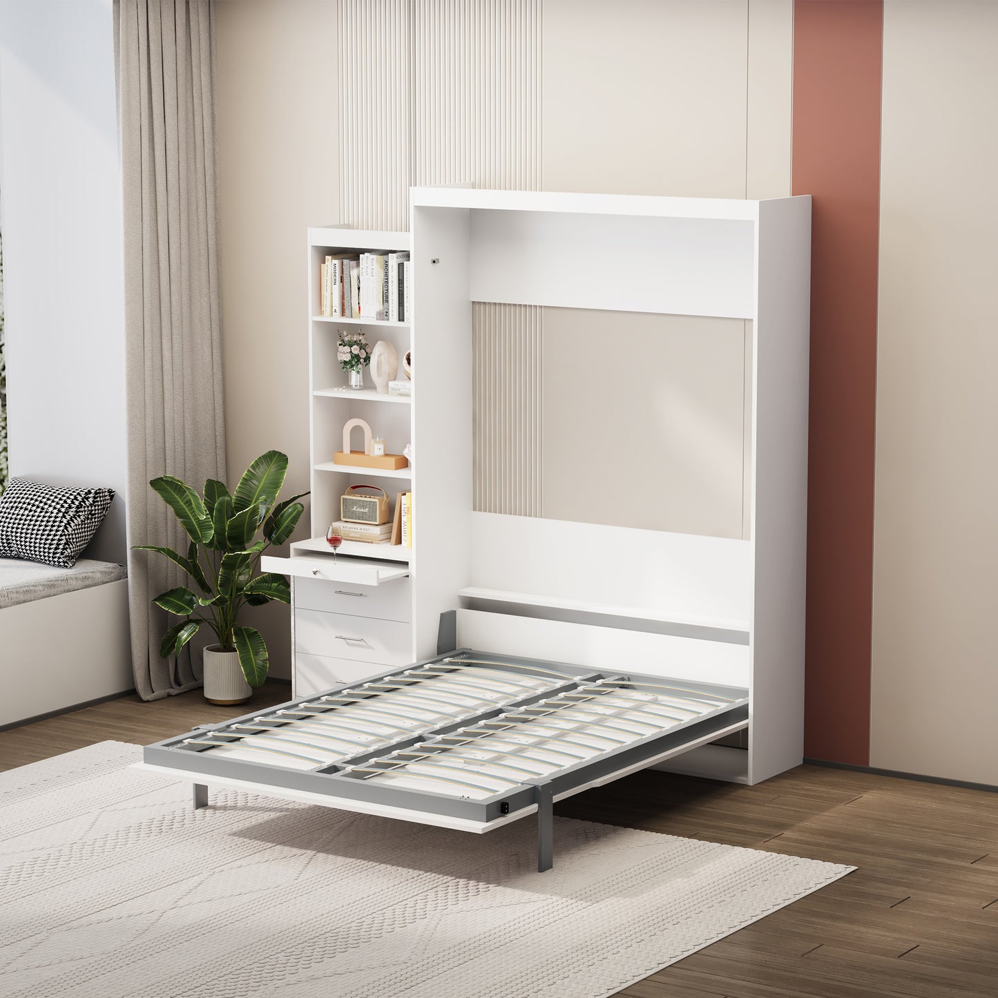 Full Size Vertical Murphy Bed with Shelf and Drawers for Bedroom or Guestroom White Wall Bed Space Saving Hidden Bed, updated Gas Strut design.