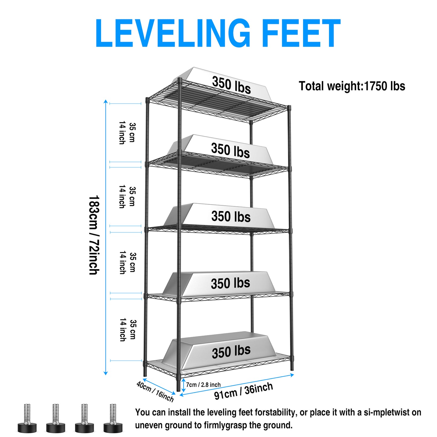 5 Tier Shelf Wire Shelving Unit - 5T-1636-B-LKJ, 72H