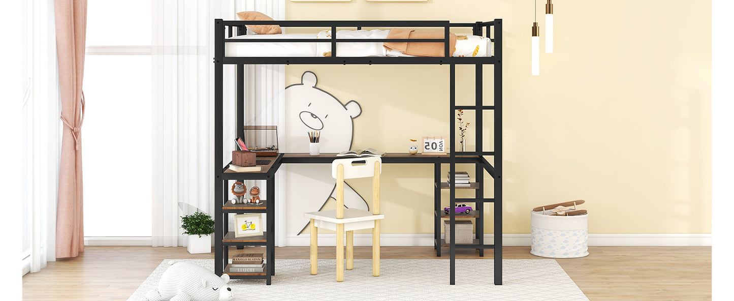 Full Metal Loft Bed with Desk and Shelves, Loft Bed with Ladder and Guardrails, Loft Bed Frame for Bedroom, Black with Vintage wood-colored desk(Old SKU: W1307S00022)