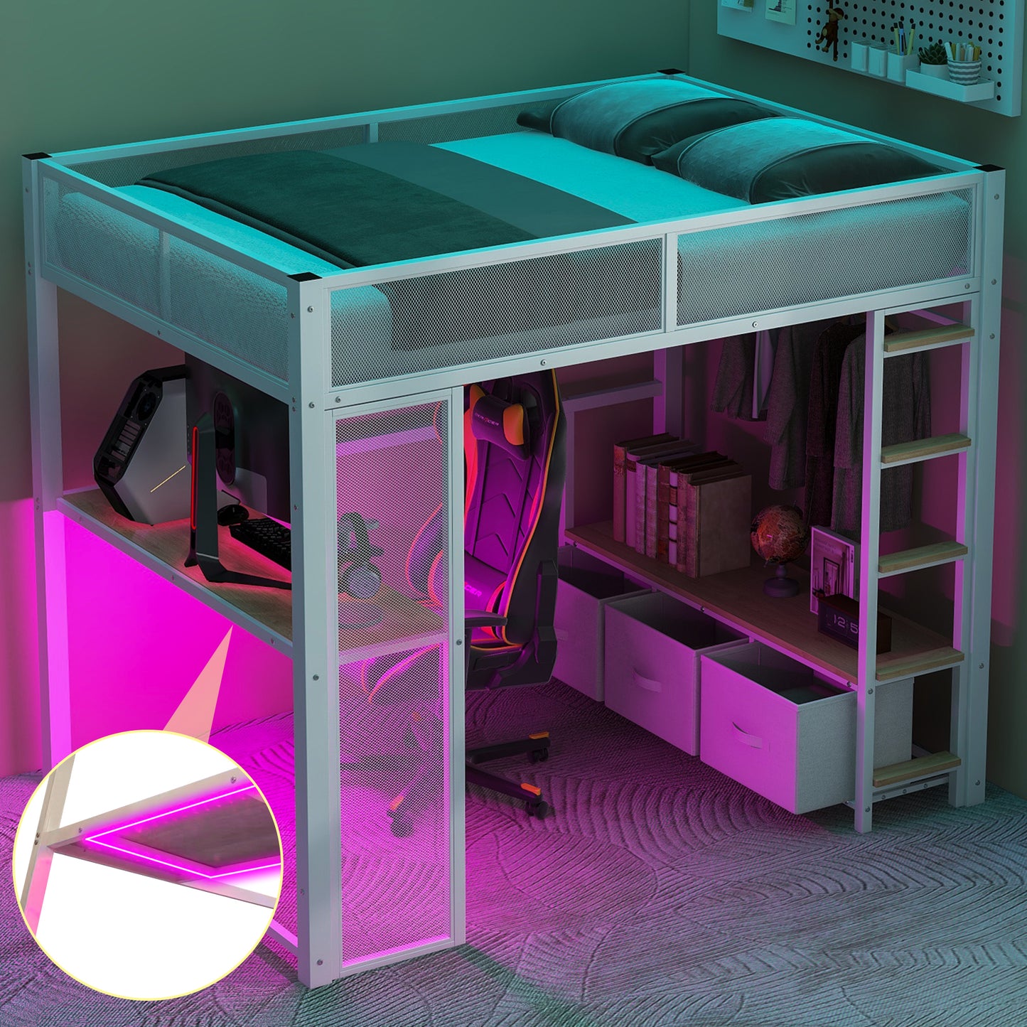 Full Size Metal Gaming Loft Bed with LED, Desk, Open Wardrobe and 3 Linen Storage Drawers, White