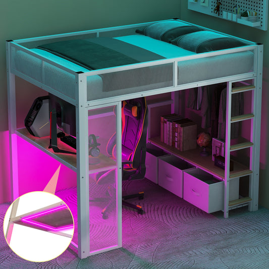 Full Size Metal Gaming Loft Bed with LED, Desk, Open Wardrobe and 3 Linen Storage Drawers, White