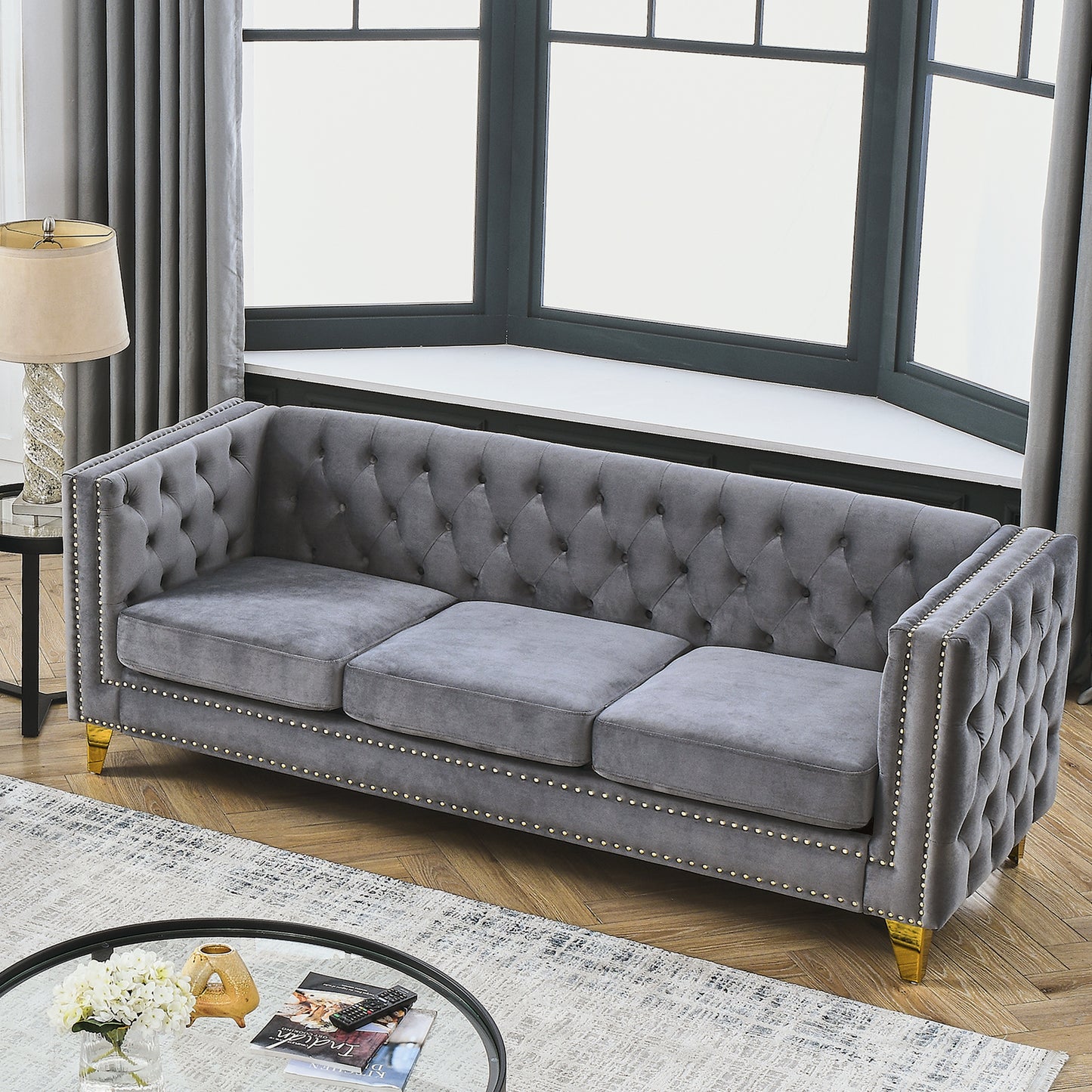 Velvet Sofa for Living Room,Buttons Tufted Square Arm Couch, Modern Couch Upholstered Button and Metal Legs, Sofa Couch for Bedroom, Grey Velvet .2PCS