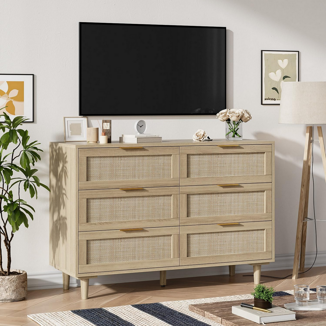 Rattan 6 Drawer Dresser for Bedroom, Wood Dresser & Chest of Drawers with Metal Handles 51"