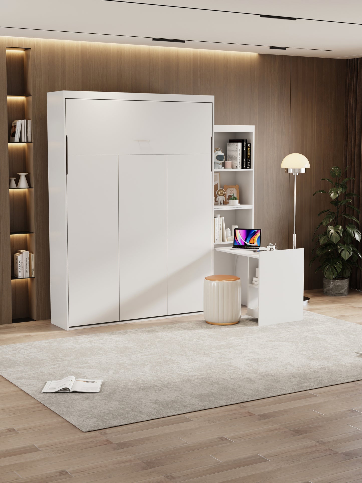 Queen  Size Morden Deisgn Big Size Vertical Murphy Bed with table and shelf  for Bedroom or Guestroom White Wall Bed Space Saving Hidden Bed with New Style Gas Struts